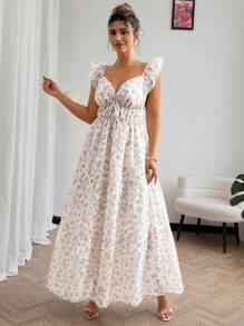 Elenzga Plus Size V-Neck Ruffle Sleeve Floral Print Vacation Dress, Spring/Summer - Apricot - View 4