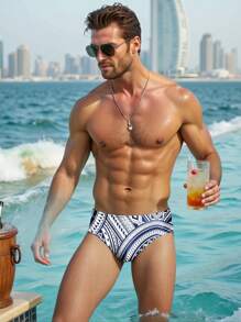 Manfinity Swimmode Men's Holiday Beach Geometric Print Swimtrunks Swimwear Briefs - Black - View 5