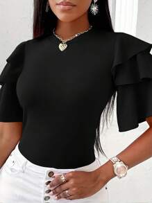 INAWLY Women's Solid Color Round Neck Ruffle Sleeve Fitted Casual T-Shirt - Black - View 5