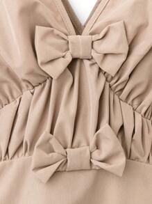 Chiquease Women's Casual Vacation Deep V-Neck Bow Decor Ruched A-Line Short Dress