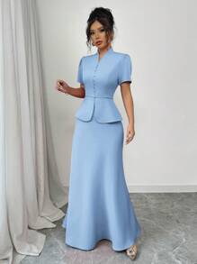 SHEIN Unity 2 件套女士后系带中式单排扣上衣和 A 字纯色裙子套装 - 藍色 - 查看 6