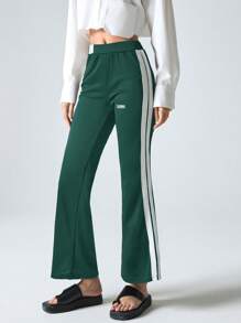 SHEIN EZwear 女式时尚侧条纹撞色刺绣针织裤 - 墨綠色 - 查看 1