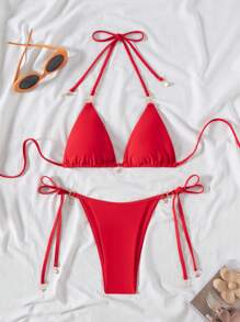 Swim Mod 2pcs Swimwear Set:Sexy Solid Color Halter Starfish Decor Bottom And Side Tie Bottom, For Summer Vacation - Red - View 2