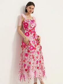 Aveloria Rosie 女士浪漫优雅粉色花卉贴花细肩带蝴蝶结派对礼服 - 彩色 - 查看 1