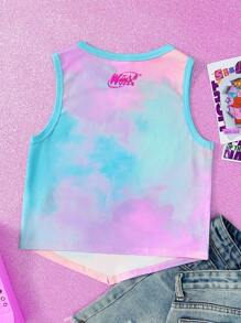 The Winx X SHEIN 少女肖像印花扎染可爱甜美无袖背心 - 珊瑚粉 - 查看 2