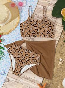 SHEIN Tween Girls 3-Piece Leopard Print Tankini & Skirt Swimsuit Set, Casual & Chic Design, Suitable For Summer
