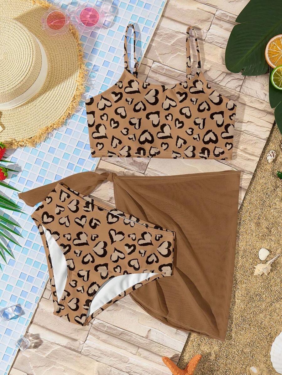 SHEIN Tween Girls 3-Piece Leopard Print Tankini & Skirt Swimsuit Set, Casual & Chic Design, Suitable For Summer