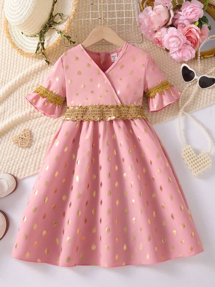 SHEIN Girls Noble Elegant Cute V-Neck Black & Gold Polka Dot Lace Mid-Sleeve Waisted Gold Waistline Dress, Casual Daily Sibling Outfits Matching Outfits (3 Pieces Sold Separately) - Pink - View 1