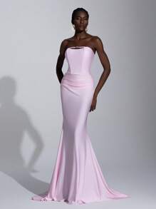 Elitara Elegant Pink Knitted Tube Dress,Unique Asymmetric Hollow Out Metallic Rhinestone High Waist Fishtail Maxi Gown For Women,Party Evening Wedding Guest - Baby Pink - View 6
