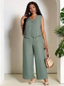 SHEIN PETITE CURVE Damen Zweiteiler aus einfarbiger Bluse mit Knopfleiste ohne Ärmel und langer Hose, Sommer Damen Outfit Sets, Winter Damen Sets