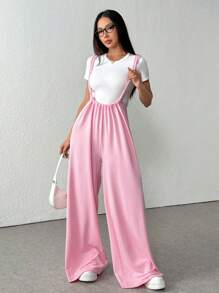 SHEIN Unity 简约纯色休闲背带阔腿裤 - 粉色 - 查看 4