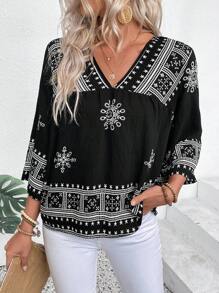 EMERY ROSE Retro Pattern V-Neck Casual Vacation Linen-Blend Shirt - Multicolor - View 6