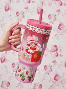 Strawberry Shortcake X SHEIN 40 OZ / 1200 ML Tumbler With Handle, Insulated Cup, Vacuum Insulated Water Bottle, Leak-Proof Lid And Straw, Stainless Steel Travel Bottle, Car Bottle - Red - View 4