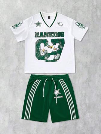 Prep Conjunto de camiseta y pantalones cortos deportivos para hombre, camiseta de cuello en V con estampado de dígitos y animales, y pantalones cortos con diseño de líneas estrelladas