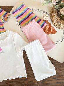 SHEIN Leap Crew 6pcs/Set Baby Girl Baby Girl Floral & Striped Ruffled Trim Short Sleeve Top & Pants Soft Pajama Sets - Multicolor - View 6