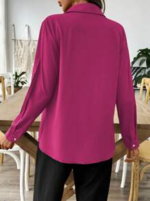 SHEIN LUNE 女士纯色长袖单排扣工装口袋休闲衬衫 - 玫紅色 - 查看 2