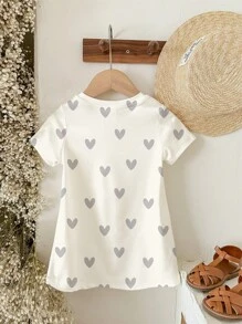 SHEIN 可爱卡通心形猫印花，女宝宝休闲宽松圆领短袖连衣裙，适合夏季