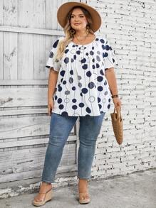 SHEIN CURVE+ Plus Size Women's Summer Polka Dot Printed Round Neck Short Sleeved Shirt - Multicolor - View 9