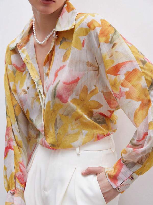 Aveloria Modichic Women's Fall Random Floral Print Button Down Loose Fit Long Sleeve Satin Shirt Elegant Business Casual Women Button Up Shirt Women 