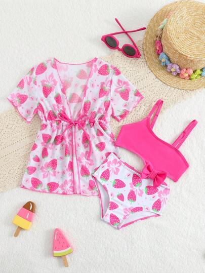 SHEIN Set de 2 piezas de traje de baño para bebé niña, traje de baño de una pieza con estampado de fresa adorable y cubrebañador con decoración de lazo