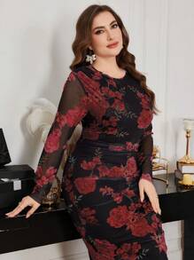 Modelyn Vestido largo de manga larga con estampado floral de rosa y de malla para tallas grandes, elegante