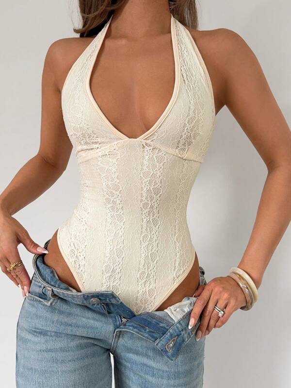 Roylia Fitted Sexy Halter V-Neck Lace Bodysuit