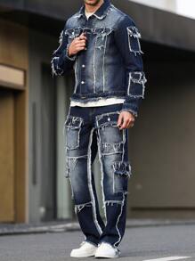 Manfinity LEGND Men's Casual Washed Distressed Denim Jacket And Pants Set, Emo Style, Fall Clothes - Dark Wash - View 7