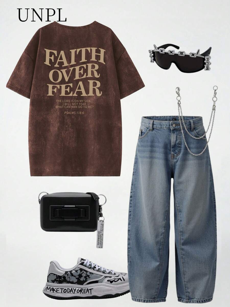 SHEIN 青少年男孩休闲字母图案圆领短袖T恤,适合夏季 - 咖啡棕 - 查看 1