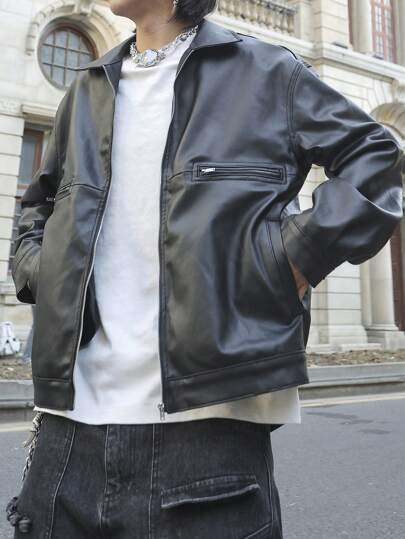 Manfinity Roughcore Men's Casual Solid Color Denim Jacket, Spring/Autumn