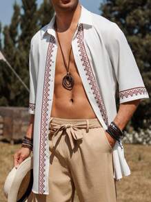 Manfinity Homme 男士几何印花宽松休闲纽扣短袖衬衫 - 白色 - 查看 4