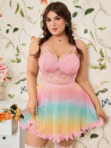 2pcs Lace Patchwork Print Mesh Hem Ruffle Trim Plus Size Sexy Camisole Slip Dress + Thong Set - Multicolor - View 4