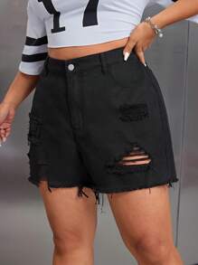SHEIN ICON Pantalones cortos de jean informales para mujer de talla grande con bolsillos y dobladillo deshilachado