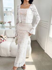 Modelyn 2pcs/Set Women Lace Long Sleeve Jacket & Cami Dress - White - View 6