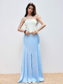 LYSMO 女士纯色长款优雅美人鱼裙 - 2025 年春夏新品 - 淺藍色 - 查看 6