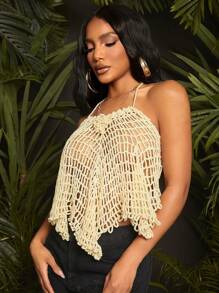 SHEIN SXY Women's Vacation Solid Color Hollow Out Sexy Halter Knitted Top - Beige - View 4