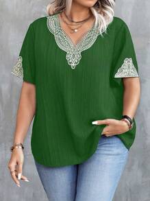Celure Plus Size Simple Elegant Short Sleeve Shirt, Suitable For Summer - Dark Green - View 4