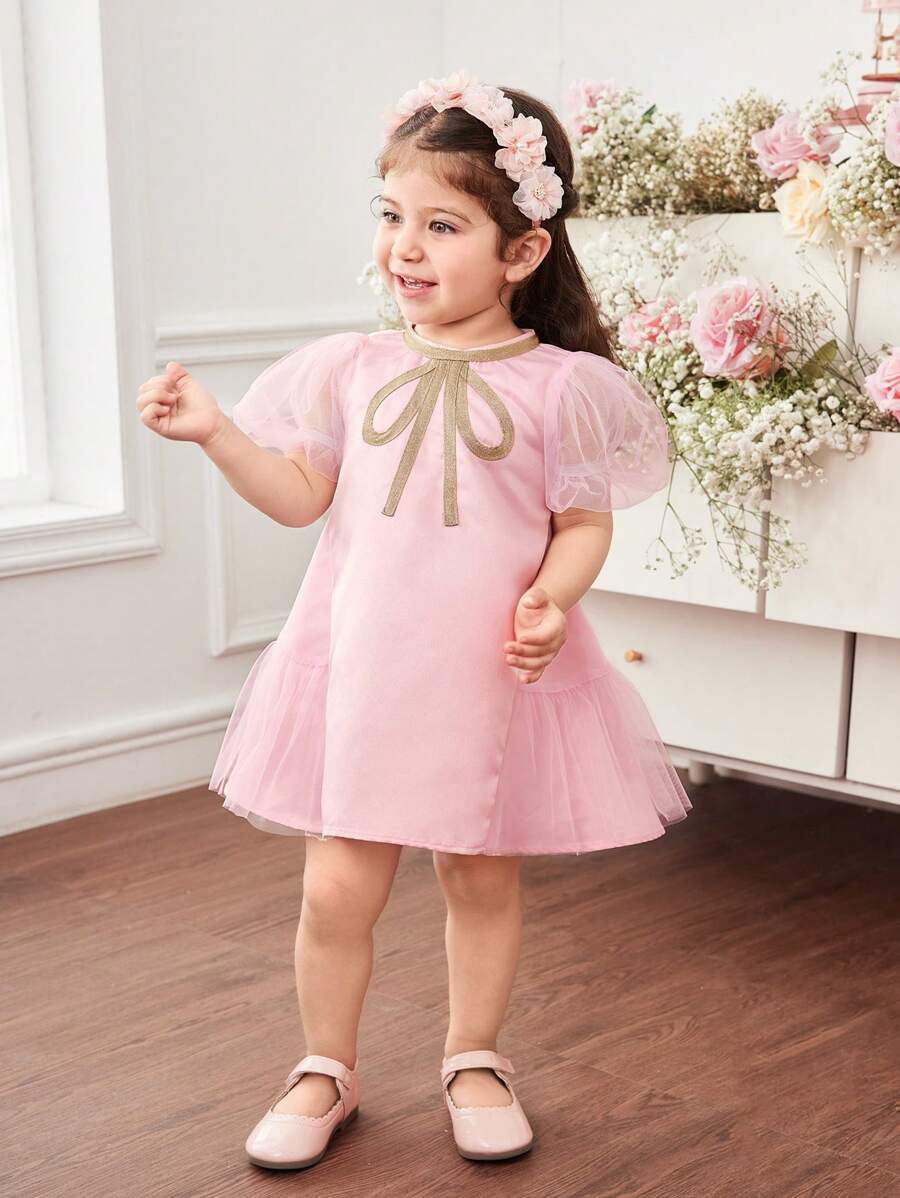 Baby Girls Elegant & Cute Pink Satin Summer Short Sleeve Dress - Pink - View 1