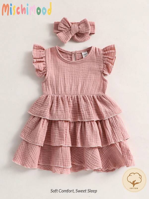 Baby Girls Pink Cotton Cake Dress With Ruffle Hem And Headband Set, Summer Toddler Girl Clothes Dress Kids Dresses For Baby Toddler Girl Clothes Cotton Summer Dresses For Girls