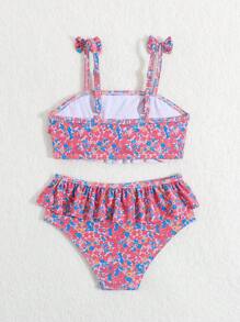 Young Girl Random Print Ruffled Two Pieces Swimwear Set - Multicolor - View 2