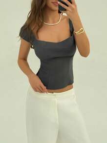 Aloruh Áo thun crop top hở ngực cổ vuông cổ điển siêu gợi cảm - Xám - Xem 5