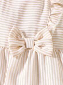 SHEIN Vintaside Kids Spring/Summer New Baby/Toddler Girl Casual Fashion Vacation Ruffle Sleeve Striped Woven Bowknot Front Yellow Jumpsuit - Apricot - View 3