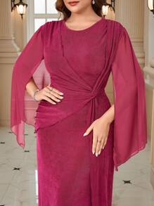 SHEIN Clasi Plus Size Women Solid Color Round Neck Split Sleeve Waist Twist Elegant Dress - Red Violet - View 8
