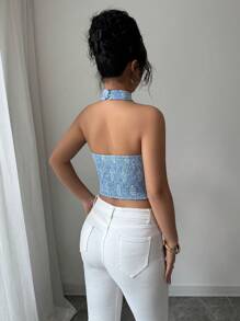 Elenzga Blazer léger à encolure ras-du-cou en jacquard bleu