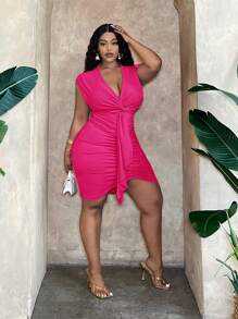 Slaydiva Plus Size Elegant & Party & Date Fitted Solid Pink Mini Dress With Front Twist, Pleated And Contrast Waist Tie, Spring-Summer - Hot Pink - View 5