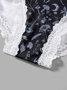 ROMWE 3pcs/Set Gothic Floral Snake Skin Moth Butterfly Rose Sun & Moon Contrast Lace Bow Decorated Ladies' Panties - Black - View 3
