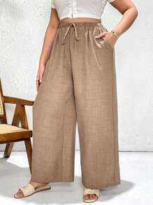 SHEIN Essnce Pantalones anchos de cintura elástica de talle alto, de verano y primavera, de estilo casual, sueltos y cómodos, ligeros y versátiles, para mujer de talla grande, en color caqui, ideales para vacaciones, playa y uso diario - Caqui - Ver 1