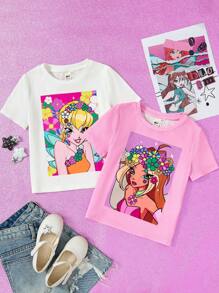 The Winx X SHEIN 少女公主图案粉色甜美可爱白色休闲短袖T恤
