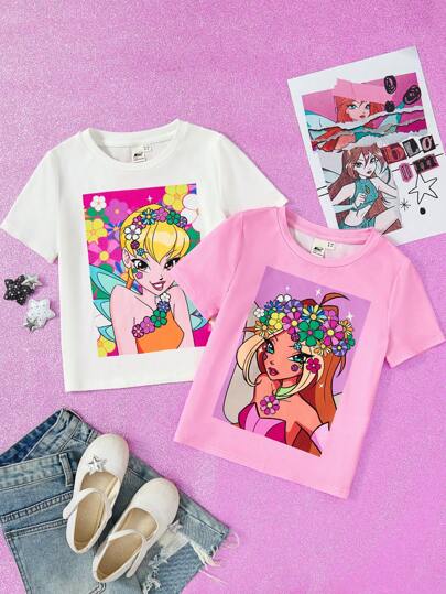 The Winx X SHEIN 少女公主图案粉色甜美可爱白色休闲短袖T恤
