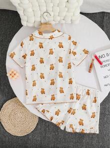 Dozemod Tween Girl Tween Girl 2pcs Cute Bear Pattern Lapel Button Short Sleeve Shorts Loose Casual Woven Pajama Set - White - View 2