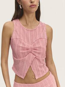 Nöista Conjunto de top y minifalda de color rosa pastel para el verano, con diseño de costura en el pecho y nudo frontal con pequeña abertura. Perfecto para el verano, eventos nupciales o de Pascua